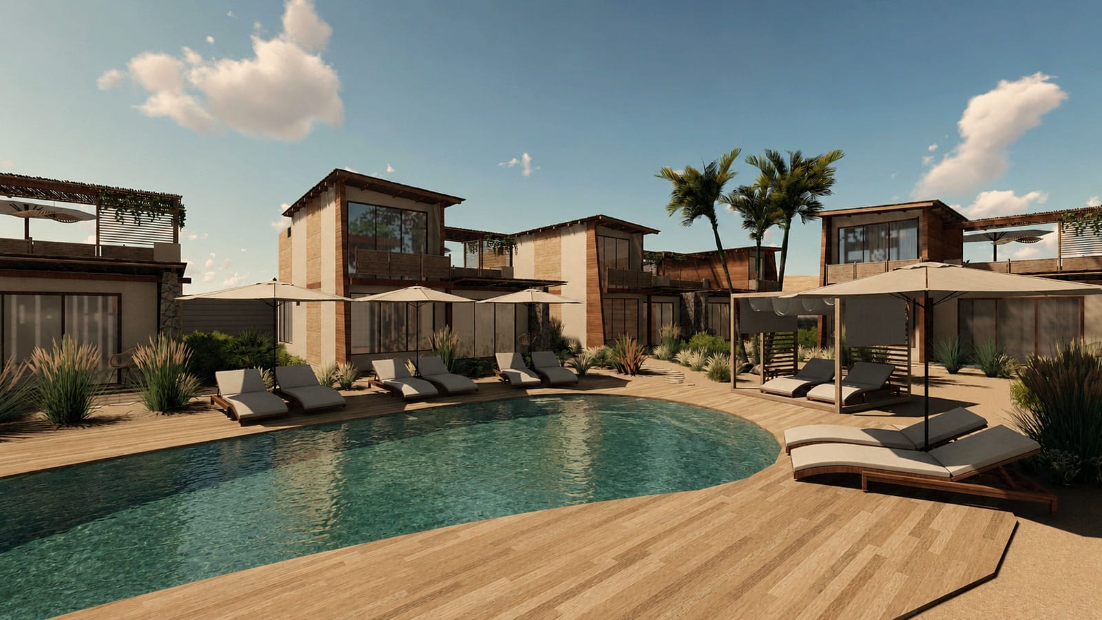 Piscina y deck de madera de Casa Norte Vichayito